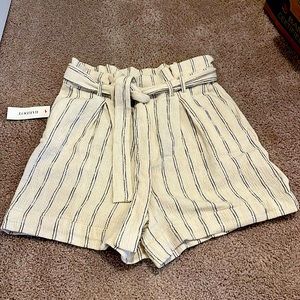 White and black striped linen shorts with front tie